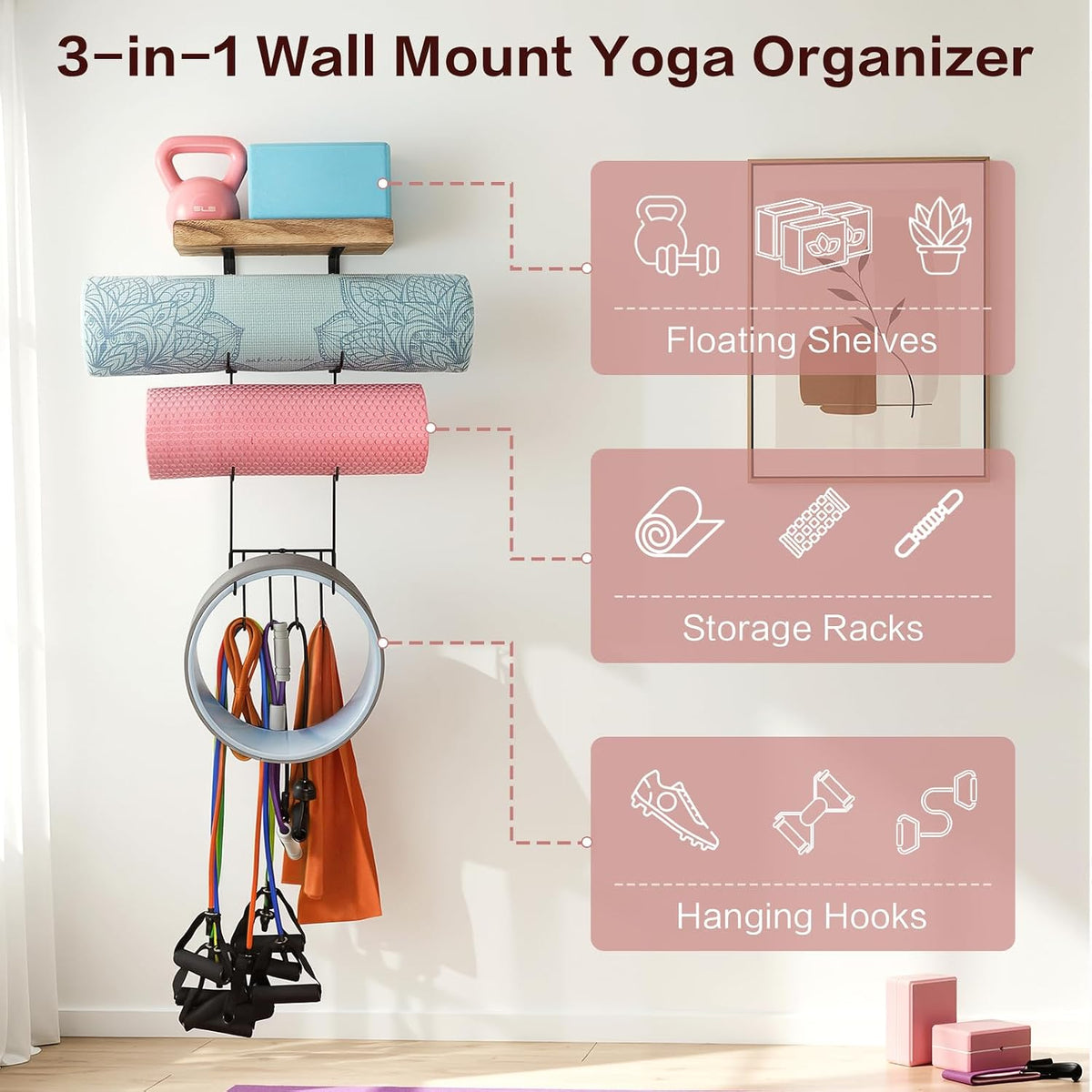 Yoga Mat Holder Accessories Wall Mount Organizer Storage Decor Foam Roller and Towel Storage Rack with 4 Hooks and Wooden Shelves Yoga Mats Rack Resistance Bands for Home Gym School Office