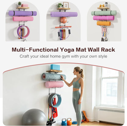 Yoga Mat Holder Accessories Wall Mount Organizer Storage Decor Foam Roller and Towel Storage Rack with 4 Hooks and Wooden Shelves Yoga Mats Rack Resistance Bands for Home Gym School Office