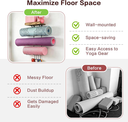 Yoga Mat Holder Accessories Wall Mount Organizer Storage Decor Foam Roller and Towel Storage Rack with 4 Hooks and Wooden Shelves Yoga Mats Rack Resistance Bands for Home Gym School Office