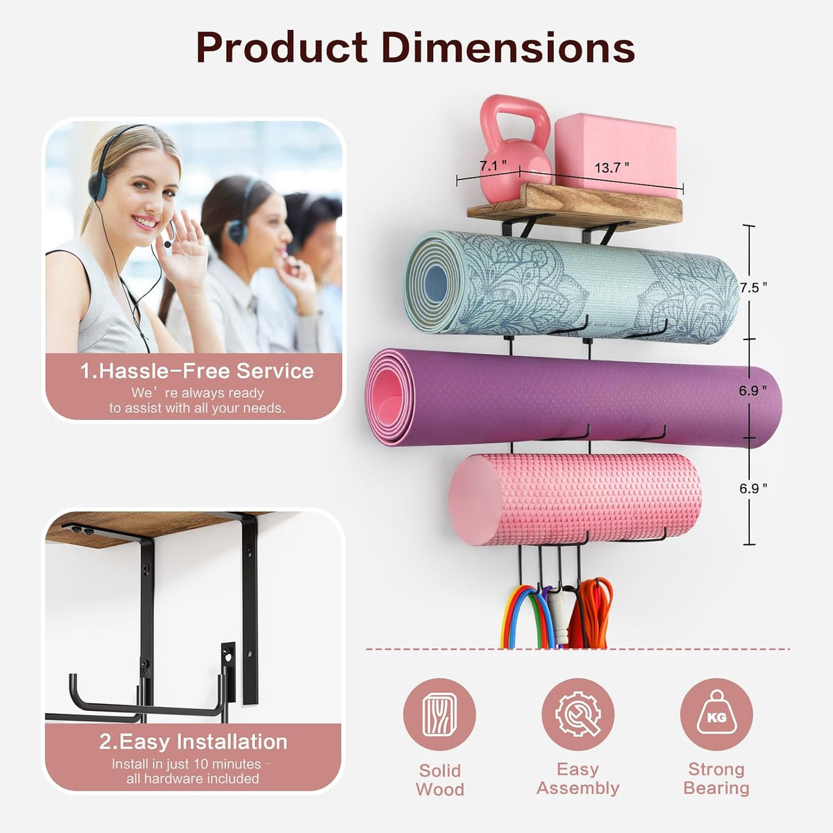 Yoga Mat Holder Accessories Wall Mount Organizer Storage Decor Foam Roller and Towel Storage Rack with 4 Hooks and Wooden Shelves Yoga Mats Rack Resistance Bands for Home Gym School Office