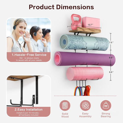 Yoga Mat Holder Accessories Wall Mount Organizer Storage Decor Foam Roller and Towel Storage Rack with 4 Hooks and Wooden Shelves Yoga Mats Rack Resistance Bands for Home Gym School Office