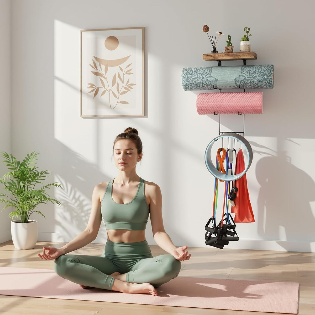 Yoga Mat Holder Accessories Wall Mount Organizer Storage Decor Foam Roller and Towel Storage Rack with 4 Hooks and Wooden Shelves Yoga Mats Rack Resistance Bands for Home Gym School Office