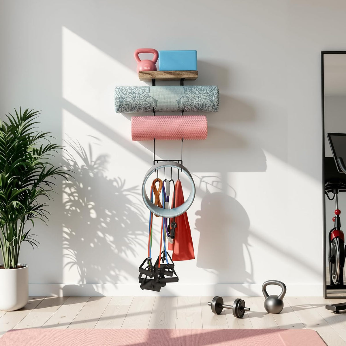 Yoga Mat Holder Accessories Wall Mount Organizer Storage Decor Foam Roller and Towel Storage Rack with 4 Hooks and Wooden Shelves Yoga Mats Rack Resistance Bands for Home Gym School Office