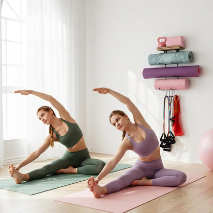 Yoga Mat Holder Accessories Wall Mount Organizer Storage Decor Foam Roller and Towel Storage Rack with 4 Hooks and Wooden Shelves Yoga Mats Rack Resistance Bands for Home Gym School Office