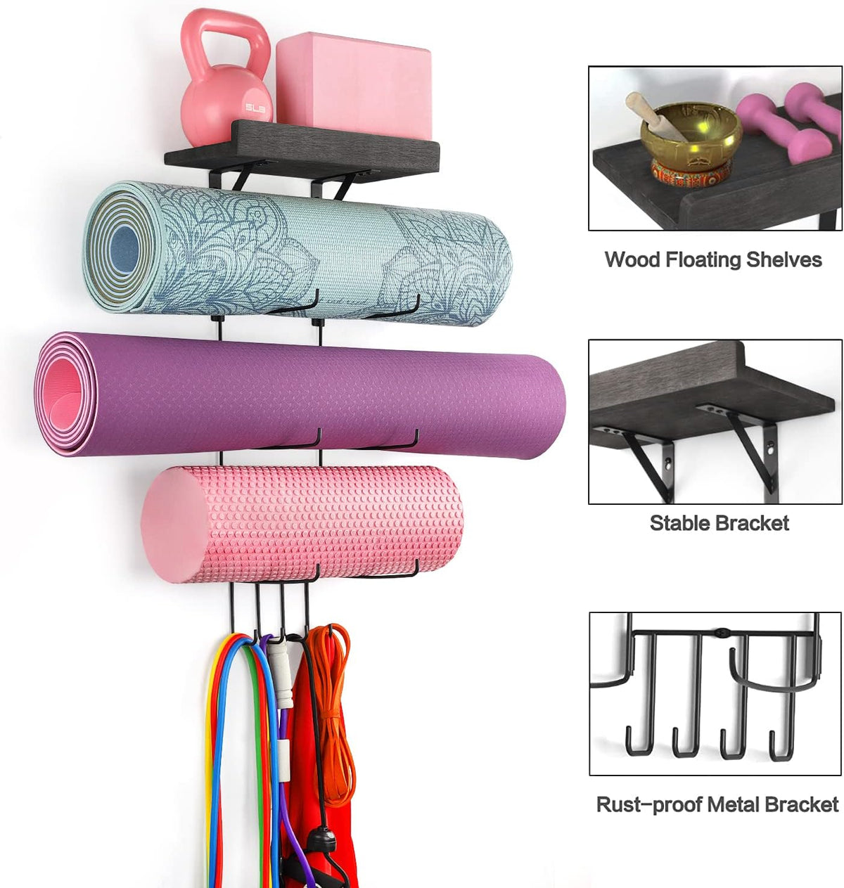 Yoga Mat Holder Accessories Wall Mount Organizer Storage Decor Foam Roller and Towel Storage Rack with 4 Hooks and Wooden Shelves Yoga Mats Rack Resistance Bands for Home Gym School Office