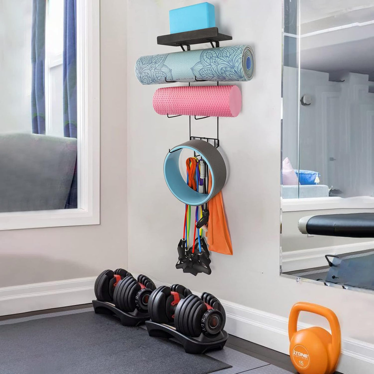 Yoga Mat Holder Accessories Wall Mount Organizer Storage Decor Foam Roller and Towel Storage Rack with 4 Hooks and Wooden Shelves Yoga Mats Rack Resistance Bands for Home Gym School Office