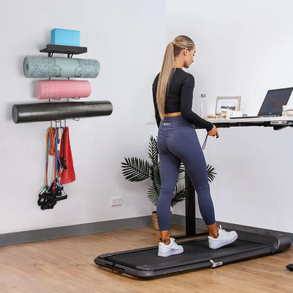 Yoga Mat Holder Accessories Wall Mount Organizer Storage Decor Foam Roller and Towel Storage Rack with 4 Hooks and Wooden Shelves Yoga Mats Rack Resistance Bands for Home Gym School Office