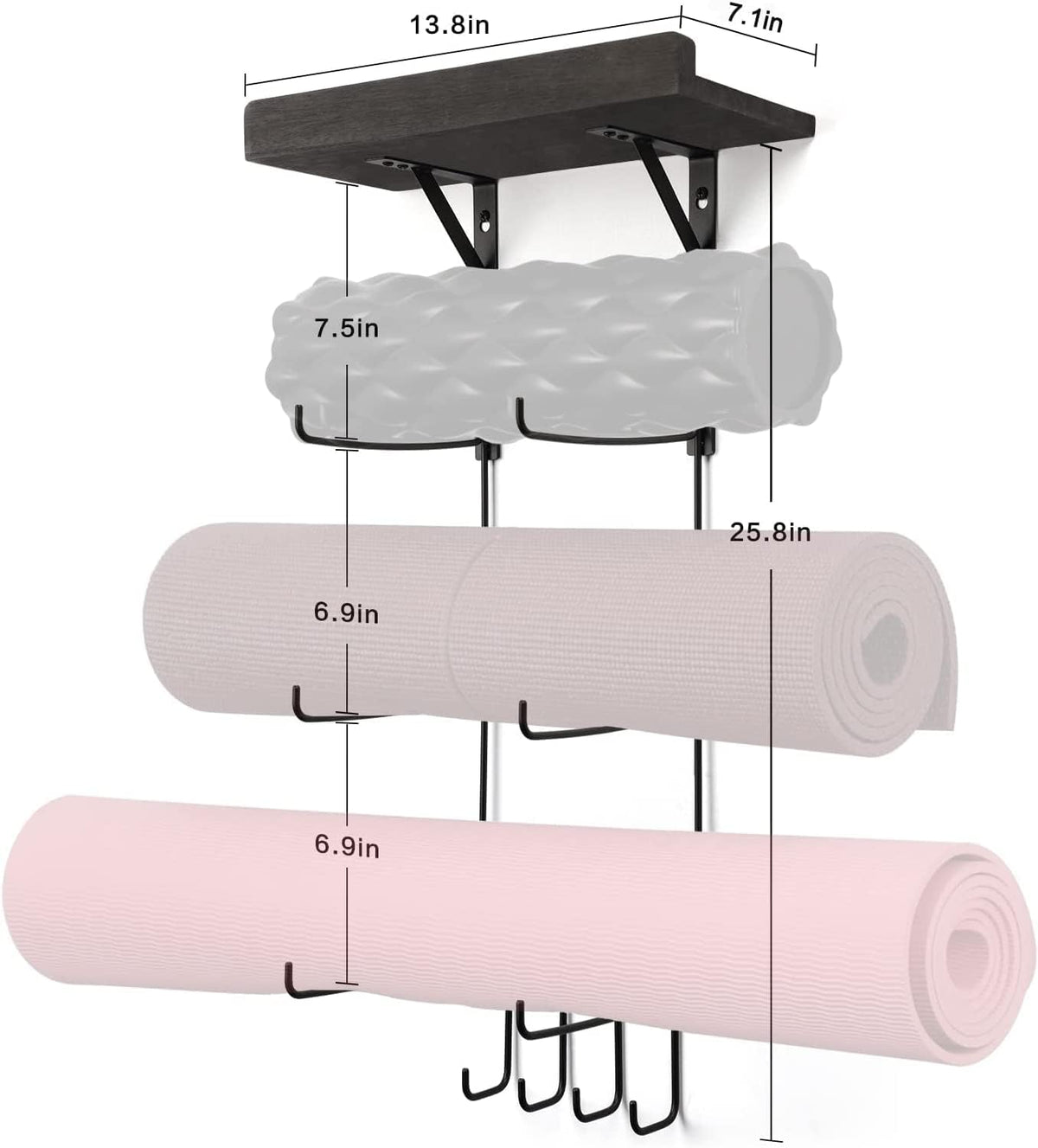 Yoga Mat Holder Accessories Wall Mount Organizer Storage Decor Foam Roller and Towel Storage Rack with 4 Hooks and Wooden Shelves Yoga Mats Rack Resistance Bands for Home Gym School Office