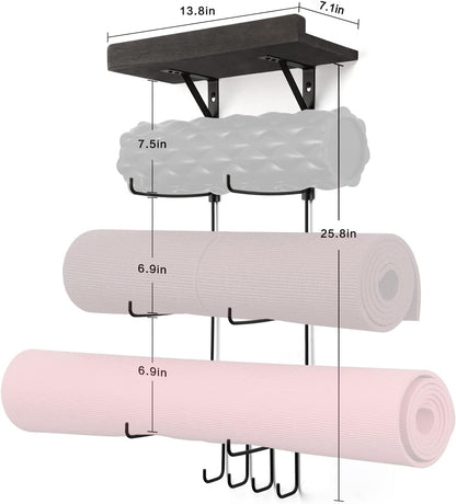 Yoga Mat Holder Accessories Wall Mount Organizer Storage Decor Foam Roller and Towel Storage Rack with 4 Hooks and Wooden Shelves Yoga Mats Rack Resistance Bands for Home Gym School Office