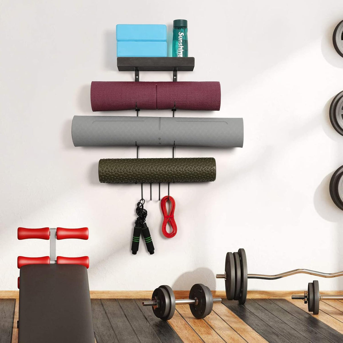 Yoga Mat Holder Accessories Wall Mount Organizer Storage Decor Foam Roller and Towel Storage Rack with 4 Hooks and Wooden Shelves Yoga Mats Rack Resistance Bands for Home Gym School Office