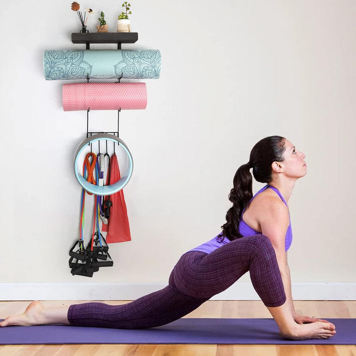 Yoga Mat Holder Accessories Wall Mount Organizer Storage Decor Foam Roller and Towel Storage Rack with 4 Hooks and Wooden Shelves Yoga Mats Rack Resistance Bands for Home Gym School Office