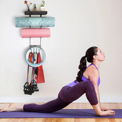 Yoga Mat Holder Accessories Wall Mount Organizer Storage Decor Foam Roller and Towel Storage Rack with 4 Hooks and Wooden Shelves Yoga Mats Rack Resistance Bands for Home Gym School Office