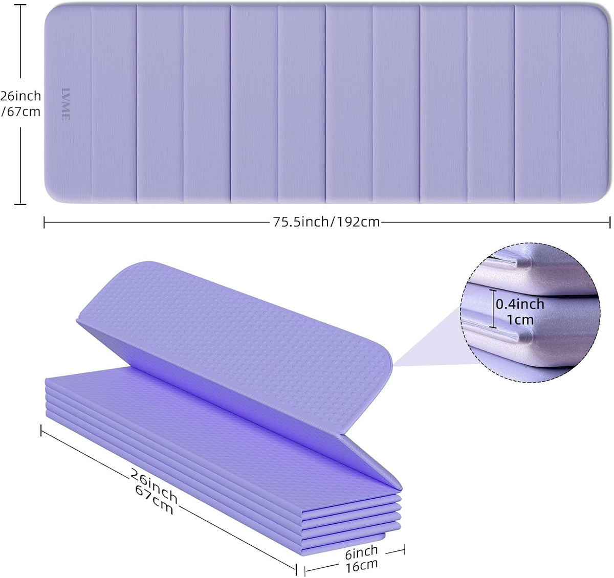 Foldable Yoga Mat Thick, 76"x26"x0.4" Extra Long, 10mm Exercise Mat