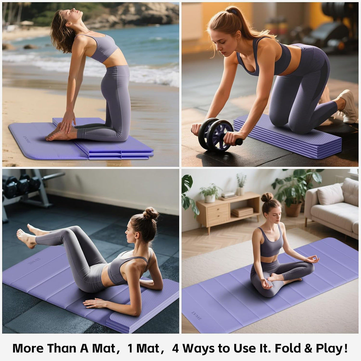 Foldable Yoga Mat Thick, 76"x26"x0.4" Extra Long, 10mm Exercise Mat