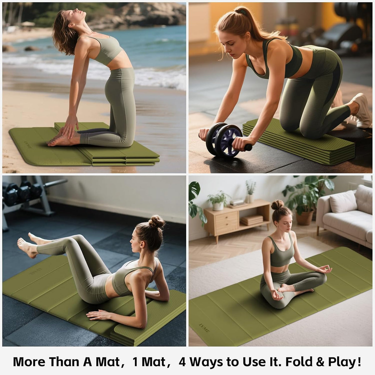 Foldable Yoga Mat Thick, 76"x26"x0.4" Extra Long, 10mm Exercise Mat