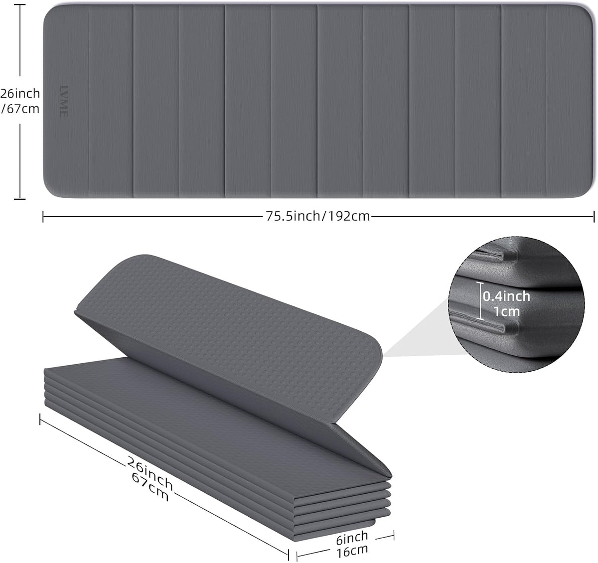 Foldable Yoga Mat Thick, 76"x26"x0.4" Extra Long, 10mm Exercise Mat