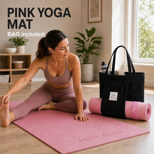 Nolava Yoga Mat with Bag – 72 x 24 inch, 1/4 inch Thick Non-Slip Mat – Includes Slap Band, Black Zippered Carry Tote with Mat Sleeve & Inner Pocket – For Yoga, Pilates, Home or Studio.