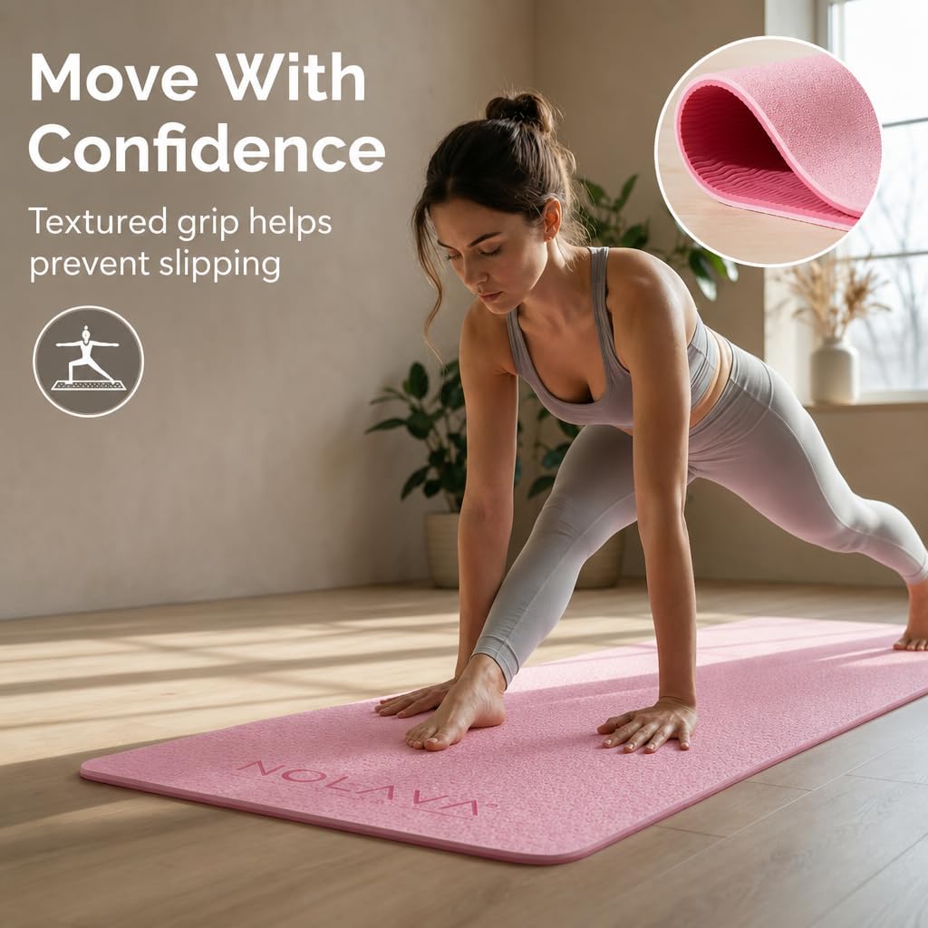 Nolava Yoga Mat with Bag – 72 x 24 inch, 1/4 inch Thick Non-Slip Mat – Includes Slap Band, Black Zippered Carry Tote with Mat Sleeve & Inner Pocket – For Yoga, Pilates, Home or Studio.
