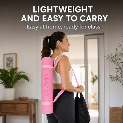 Nolava Yoga Mat with Bag – 72 x 24 inch, 1/4 inch Thick Non-Slip Mat – Includes Slap Band, Black Zippered Carry Tote with Mat Sleeve & Inner Pocket – For Yoga, Pilates, Home or Studio.