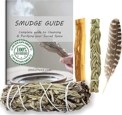 Organic Smudge Kit – Yerba Santa, Palo Santo, Sweetgrass Braid, Feather & Smudge Guide | Home Cleansing Kit for Meditation, Yoga, Energy Healing & Gift (Starter Kit, Yerba Santa Sage)