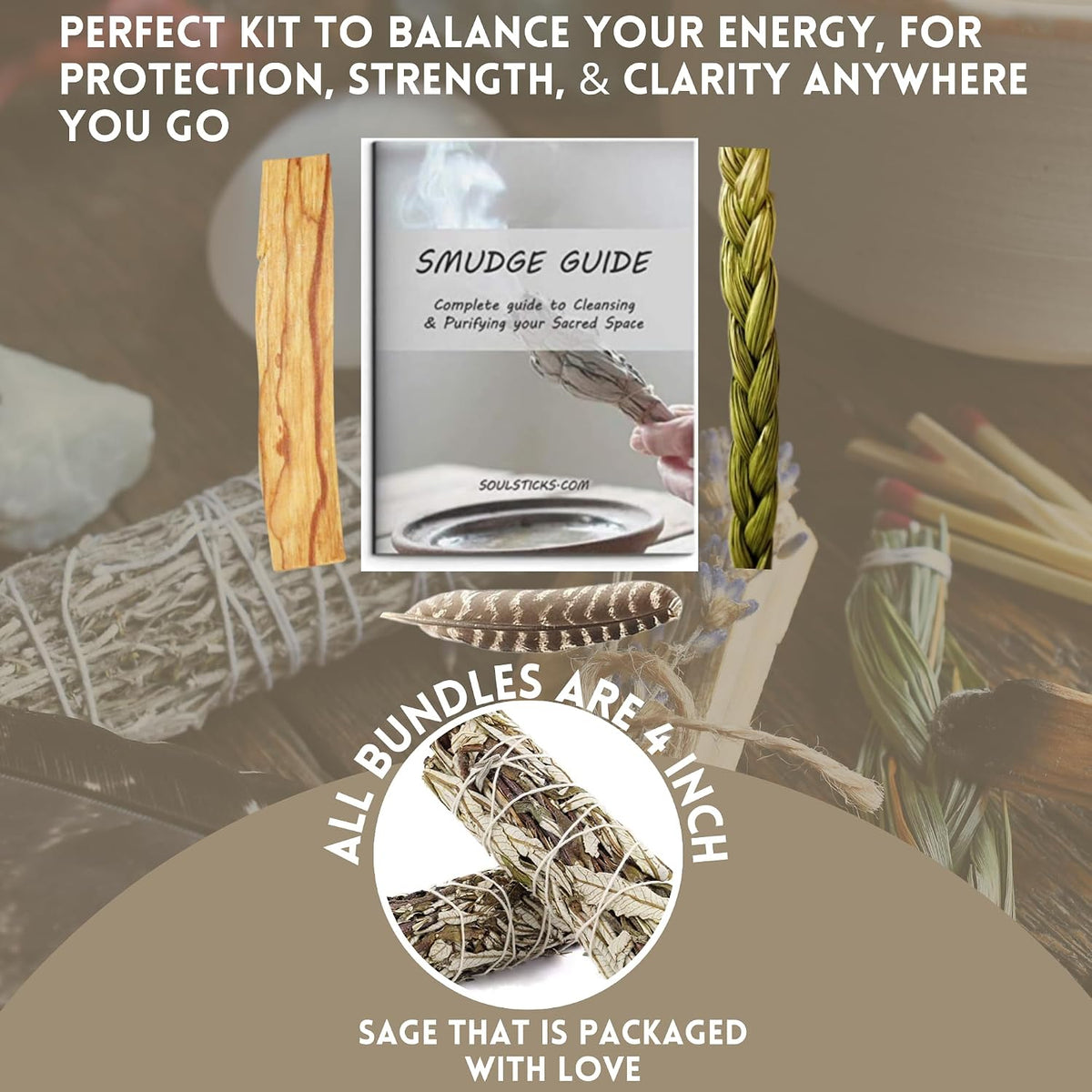 Organic Smudge Kit – Yerba Santa, Palo Santo, Sweetgrass Braid, Feather & Smudge Guide | Home Cleansing Kit for Meditation, Yoga, Energy Healing & Gift (Starter Kit, Yerba Santa Sage)