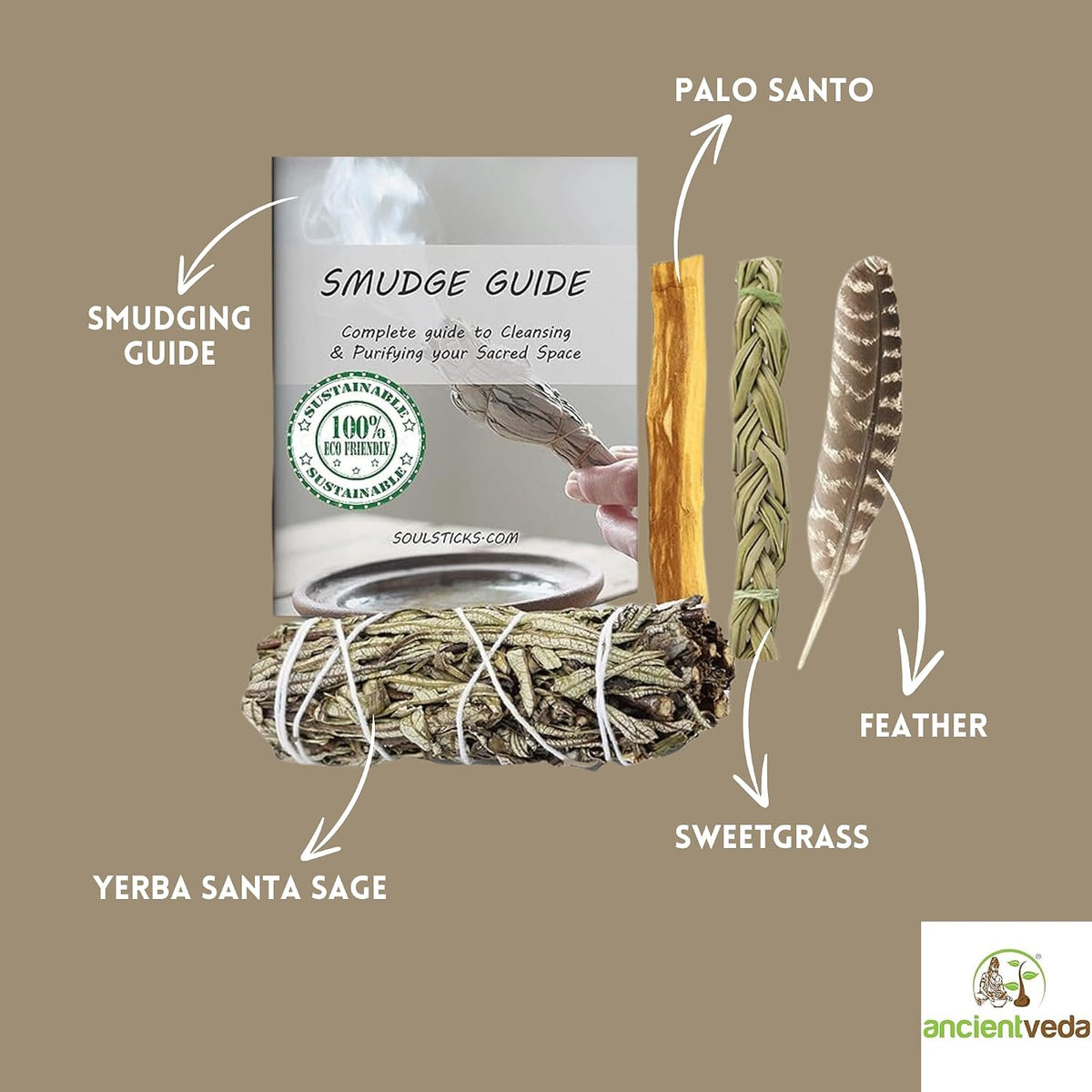 Organic Smudge Kit – Yerba Santa, Palo Santo, Sweetgrass Braid, Feather & Smudge Guide | Home Cleansing Kit for Meditation, Yoga, Energy Healing & Gift (Starter Kit, Yerba Santa Sage)