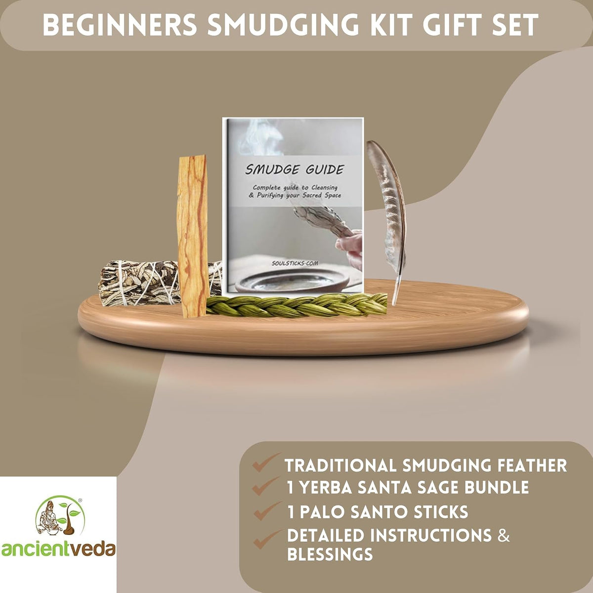 Organic Smudge Kit – Yerba Santa, Palo Santo, Sweetgrass Braid, Feather & Smudge Guide | Home Cleansing Kit for Meditation, Yoga, Energy Healing & Gift (Starter Kit, Yerba Santa Sage)