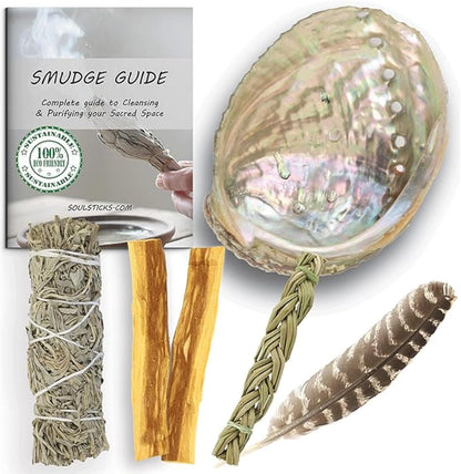 Organic Smudge Kit – Yerba Santa, Palo Santo, Sweetgrass Braid, Feather & Smudge Guide | Home Cleansing Kit for Meditation, Yoga, Energy Healing & Gift (Starter Kit, Yerba Santa Sage)