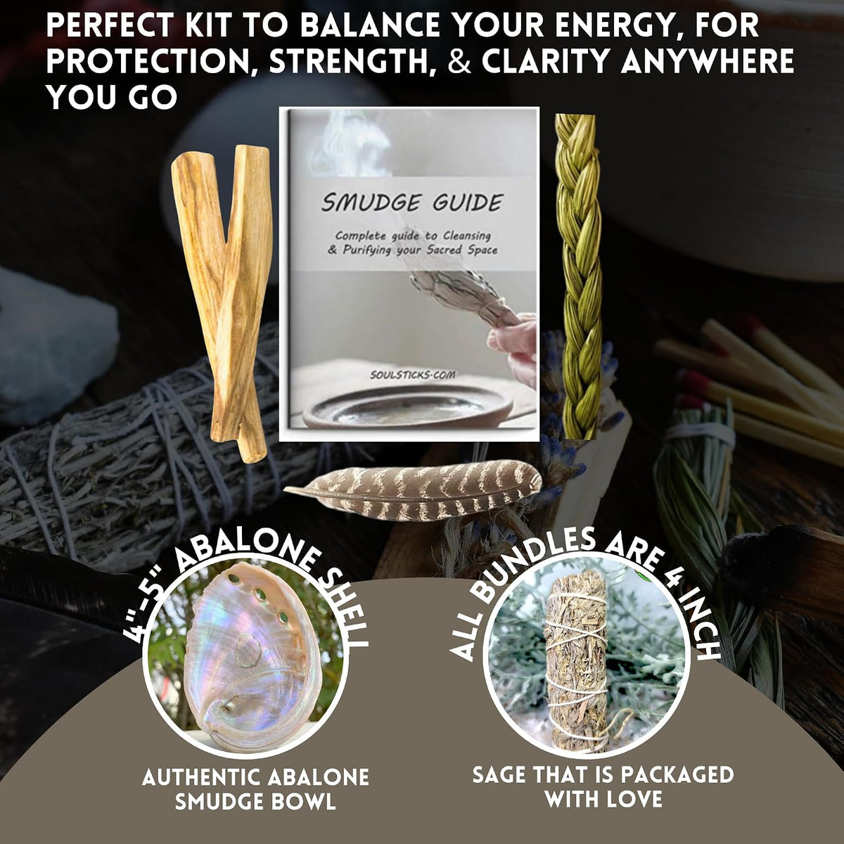 Organic Smudge Kit – Yerba Santa, Palo Santo, Sweetgrass Braid, Feather & Smudge Guide | Home Cleansing Kit for Meditation, Yoga, Energy Healing & Gift (Starter Kit, Yerba Santa Sage)
