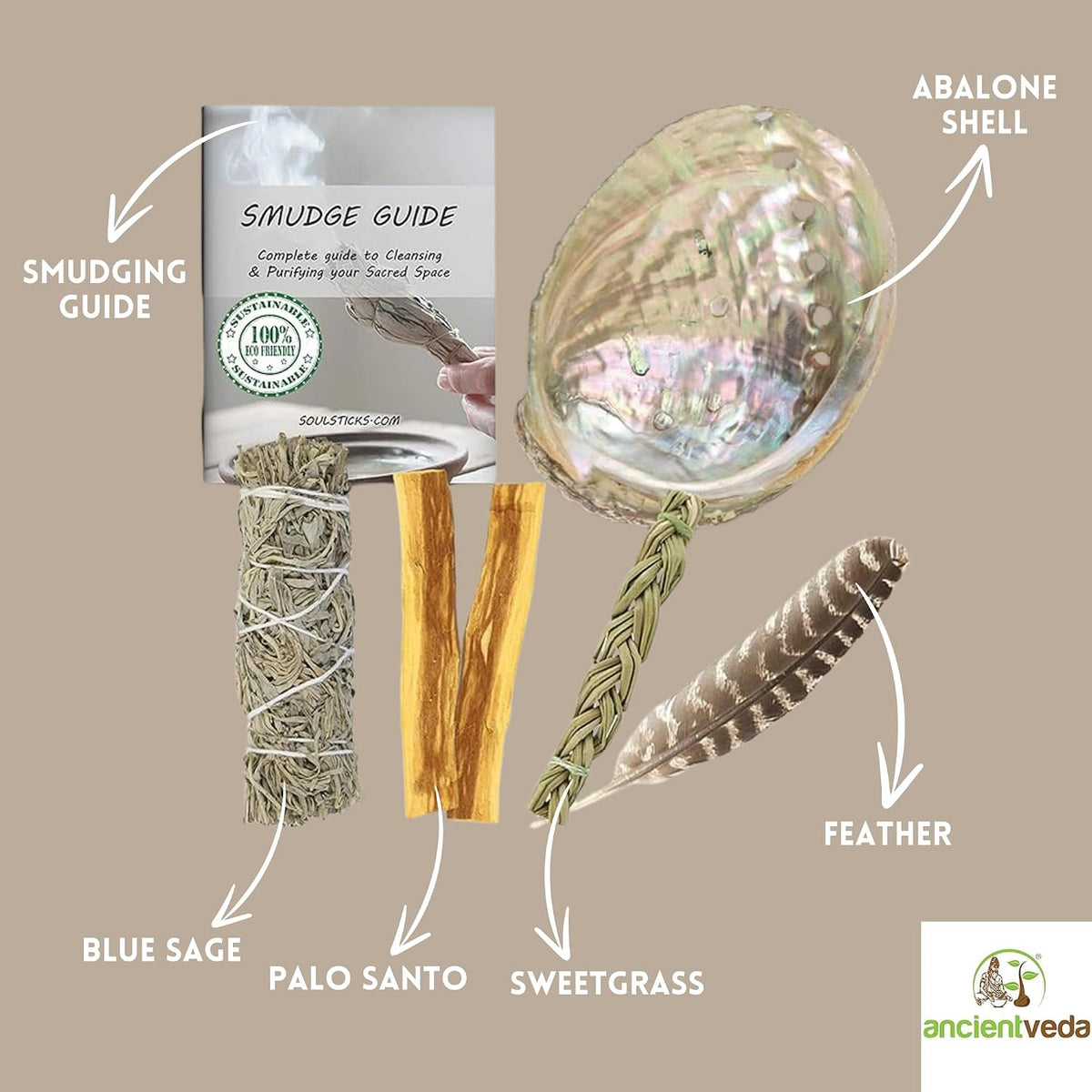 Organic Smudge Kit – Yerba Santa, Palo Santo, Sweetgrass Braid, Feather & Smudge Guide | Home Cleansing Kit for Meditation, Yoga, Energy Healing & Gift (Starter Kit, Yerba Santa Sage)