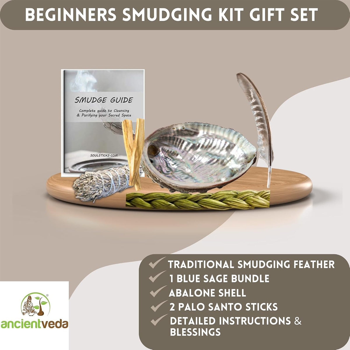 Organic Smudge Kit – Yerba Santa, Palo Santo, Sweetgrass Braid, Feather & Smudge Guide | Home Cleansing Kit for Meditation, Yoga, Energy Healing & Gift (Starter Kit, Yerba Santa Sage)