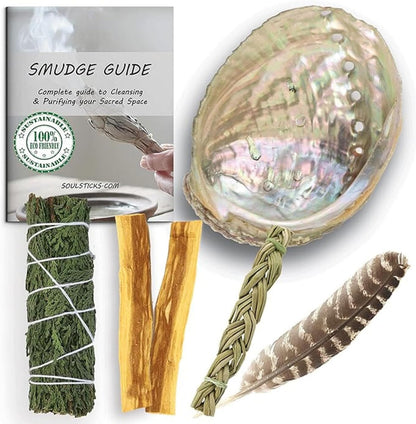 Organic Smudge Kit – Yerba Santa, Palo Santo, Sweetgrass Braid, Feather & Smudge Guide | Home Cleansing Kit for Meditation, Yoga, Energy Healing & Gift (Starter Kit, Yerba Santa Sage)