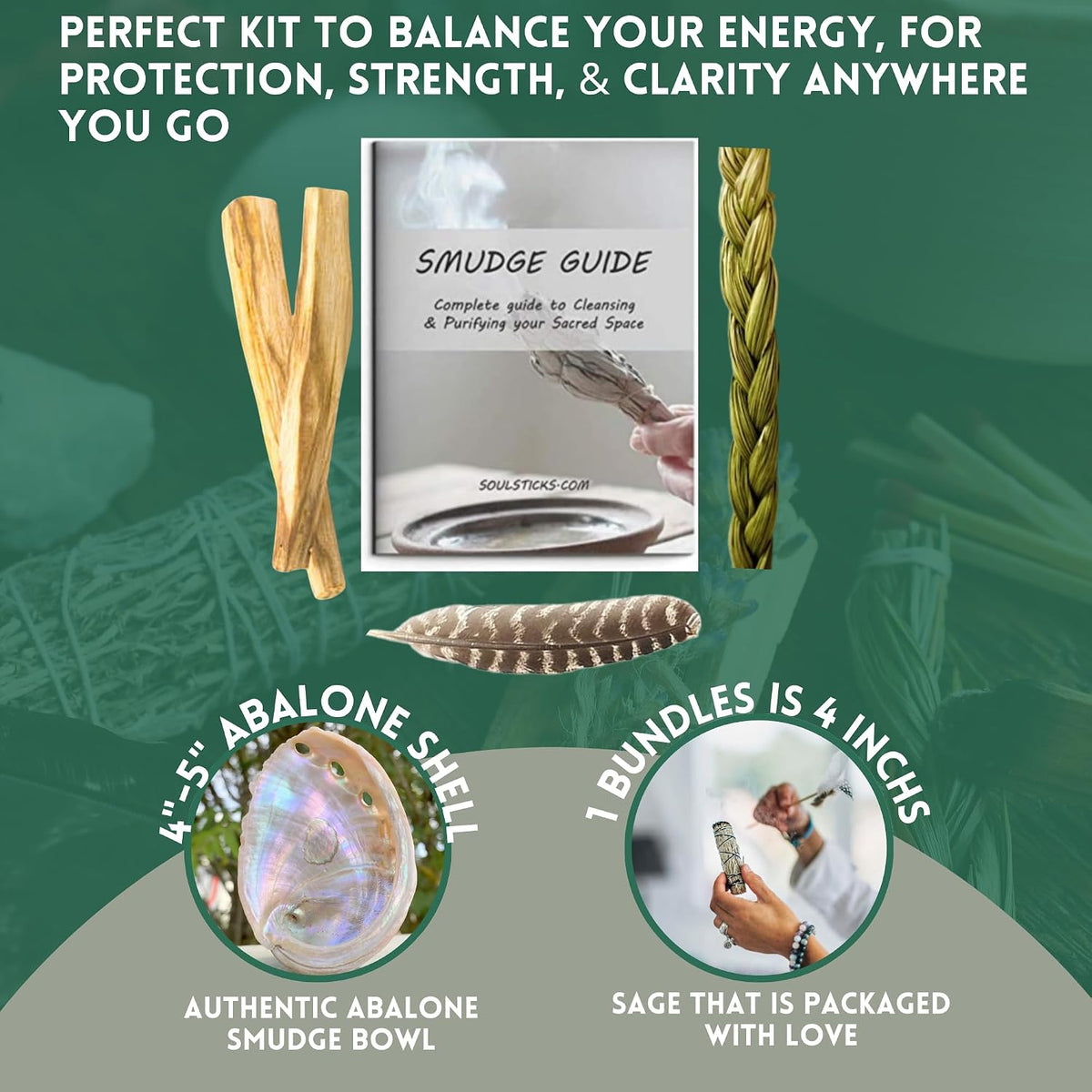Organic Smudge Kit – Yerba Santa, Palo Santo, Sweetgrass Braid, Feather & Smudge Guide | Home Cleansing Kit for Meditation, Yoga, Energy Healing & Gift (Starter Kit, Yerba Santa Sage)