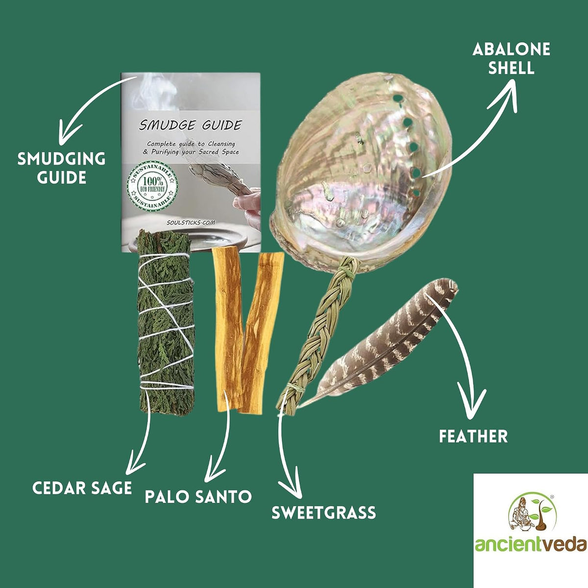 Organic Smudge Kit – Yerba Santa, Palo Santo, Sweetgrass Braid, Feather & Smudge Guide | Home Cleansing Kit for Meditation, Yoga, Energy Healing & Gift (Starter Kit, Yerba Santa Sage)