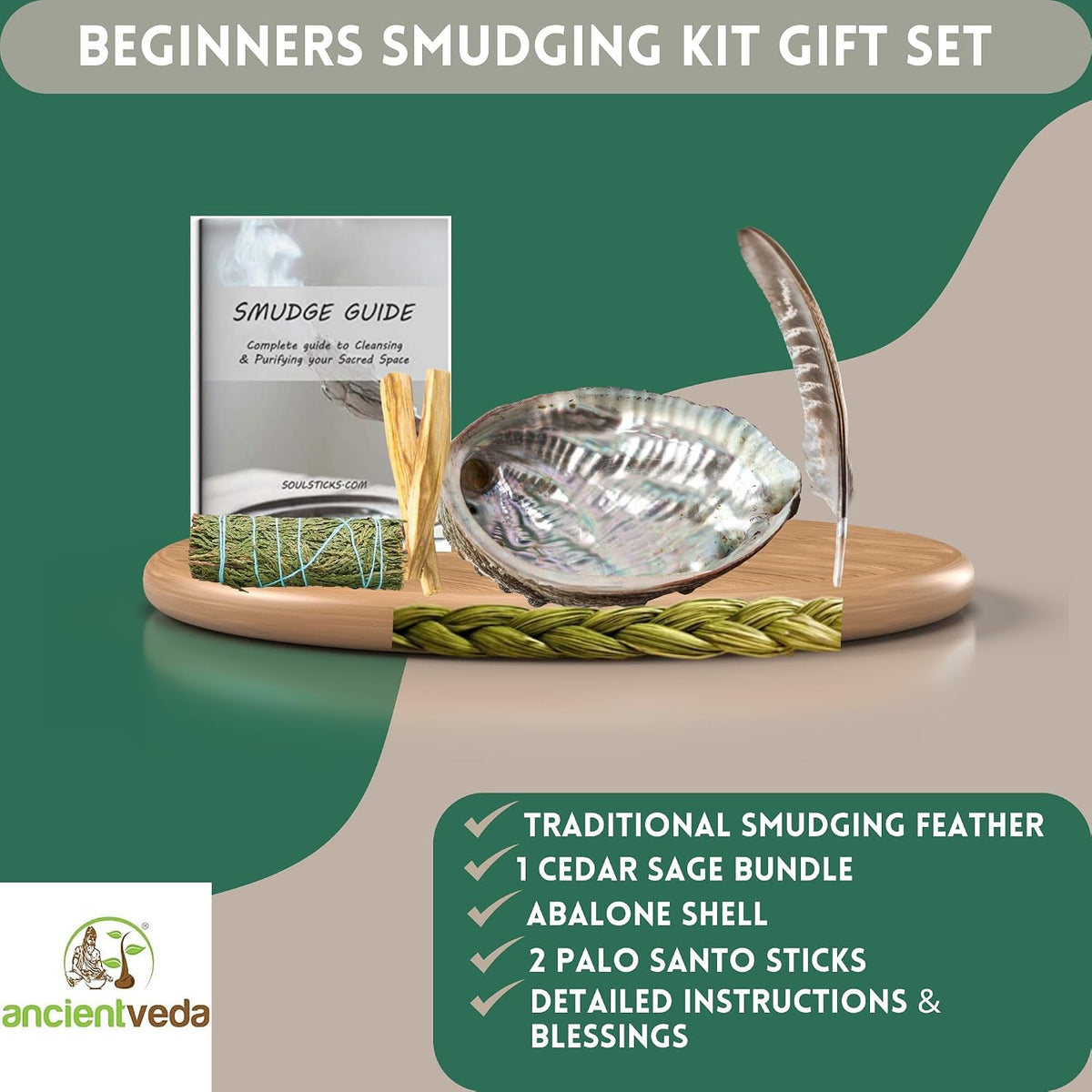 Organic Smudge Kit – Yerba Santa, Palo Santo, Sweetgrass Braid, Feather & Smudge Guide | Home Cleansing Kit for Meditation, Yoga, Energy Healing & Gift (Starter Kit, Yerba Santa Sage)