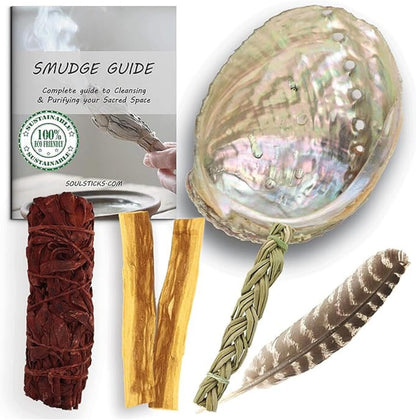 Organic Smudge Kit – Yerba Santa, Palo Santo, Sweetgrass Braid, Feather & Smudge Guide | Home Cleansing Kit for Meditation, Yoga, Energy Healing & Gift (Starter Kit, Yerba Santa Sage)
