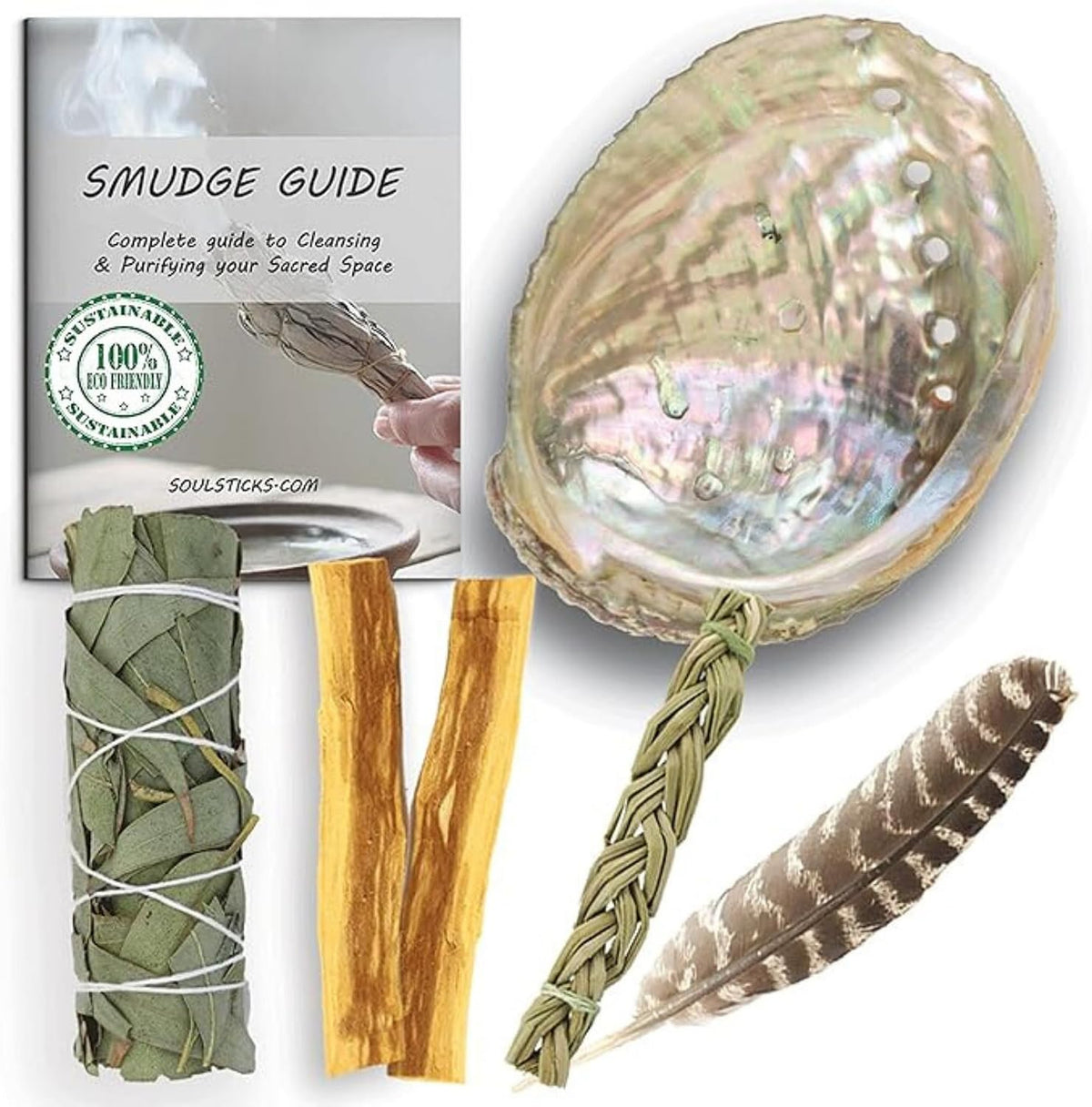 Organic Smudge Kit – Yerba Santa, Palo Santo, Sweetgrass Braid, Feather & Smudge Guide | Home Cleansing Kit for Meditation, Yoga, Energy Healing & Gift (Starter Kit, Yerba Santa Sage)