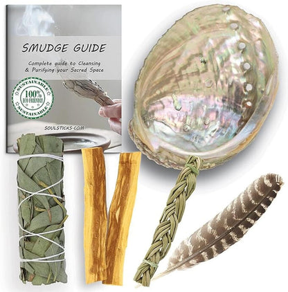 Organic Smudge Kit – Yerba Santa, Palo Santo, Sweetgrass Braid, Feather & Smudge Guide | Home Cleansing Kit for Meditation, Yoga, Energy Healing & Gift (Starter Kit, Yerba Santa Sage)