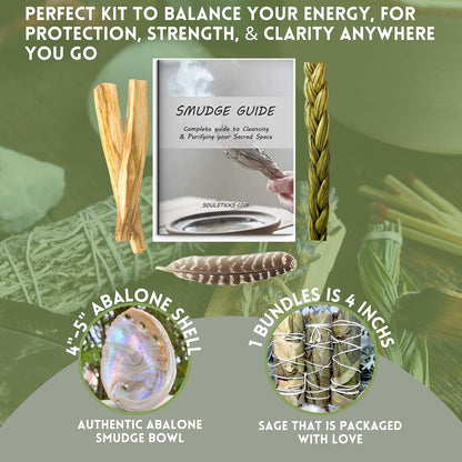 Organic Smudge Kit – Yerba Santa, Palo Santo, Sweetgrass Braid, Feather & Smudge Guide | Home Cleansing Kit for Meditation, Yoga, Energy Healing & Gift (Starter Kit, Yerba Santa Sage)