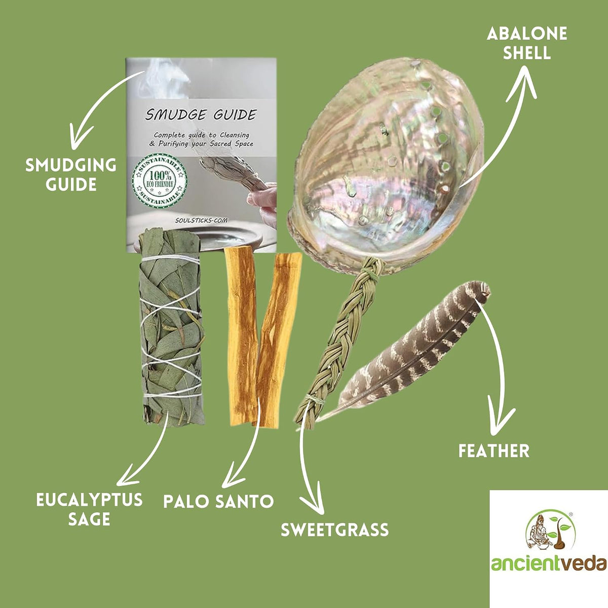 Organic Smudge Kit – Yerba Santa, Palo Santo, Sweetgrass Braid, Feather & Smudge Guide | Home Cleansing Kit for Meditation, Yoga, Energy Healing & Gift (Starter Kit, Yerba Santa Sage)