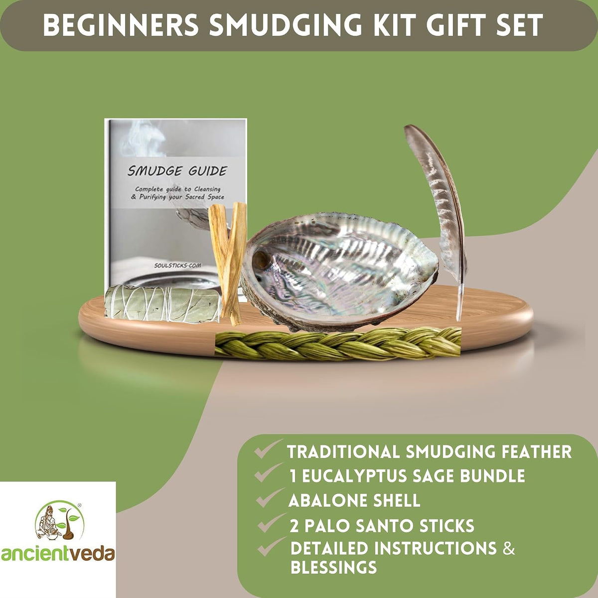 Organic Smudge Kit – Yerba Santa, Palo Santo, Sweetgrass Braid, Feather & Smudge Guide | Home Cleansing Kit for Meditation, Yoga, Energy Healing & Gift (Starter Kit, Yerba Santa Sage)