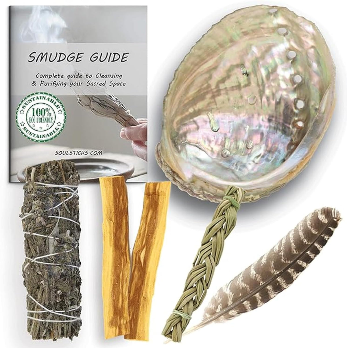 Organic Smudge Kit – Yerba Santa, Palo Santo, Sweetgrass Braid, Feather & Smudge Guide | Home Cleansing Kit for Meditation, Yoga, Energy Healing & Gift (Starter Kit, Yerba Santa Sage)