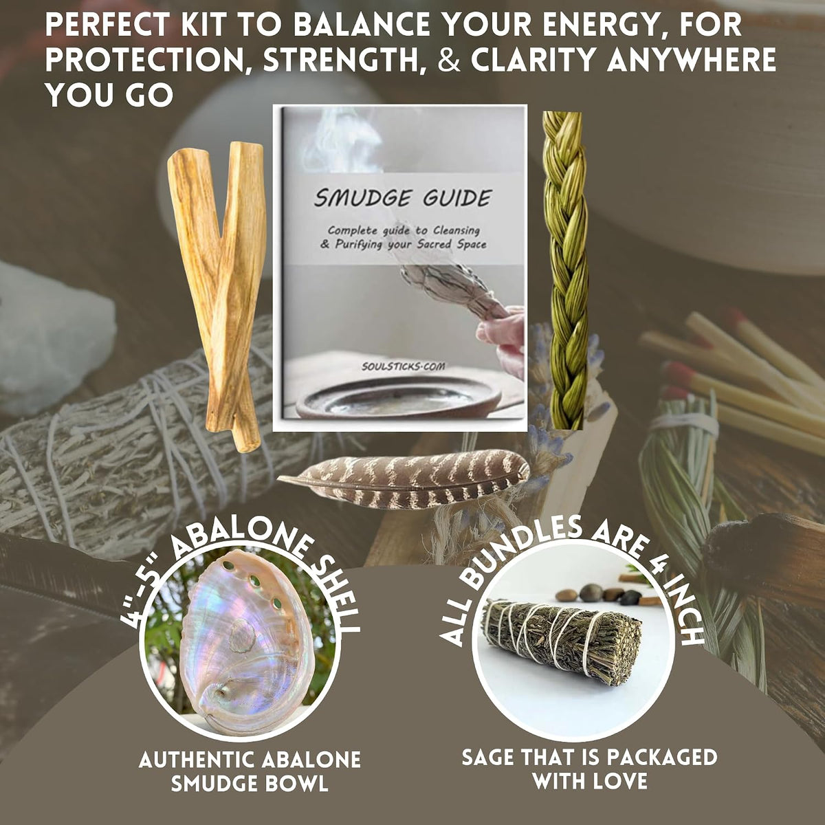 Organic Smudge Kit – Yerba Santa, Palo Santo, Sweetgrass Braid, Feather & Smudge Guide | Home Cleansing Kit for Meditation, Yoga, Energy Healing & Gift (Starter Kit, Yerba Santa Sage)