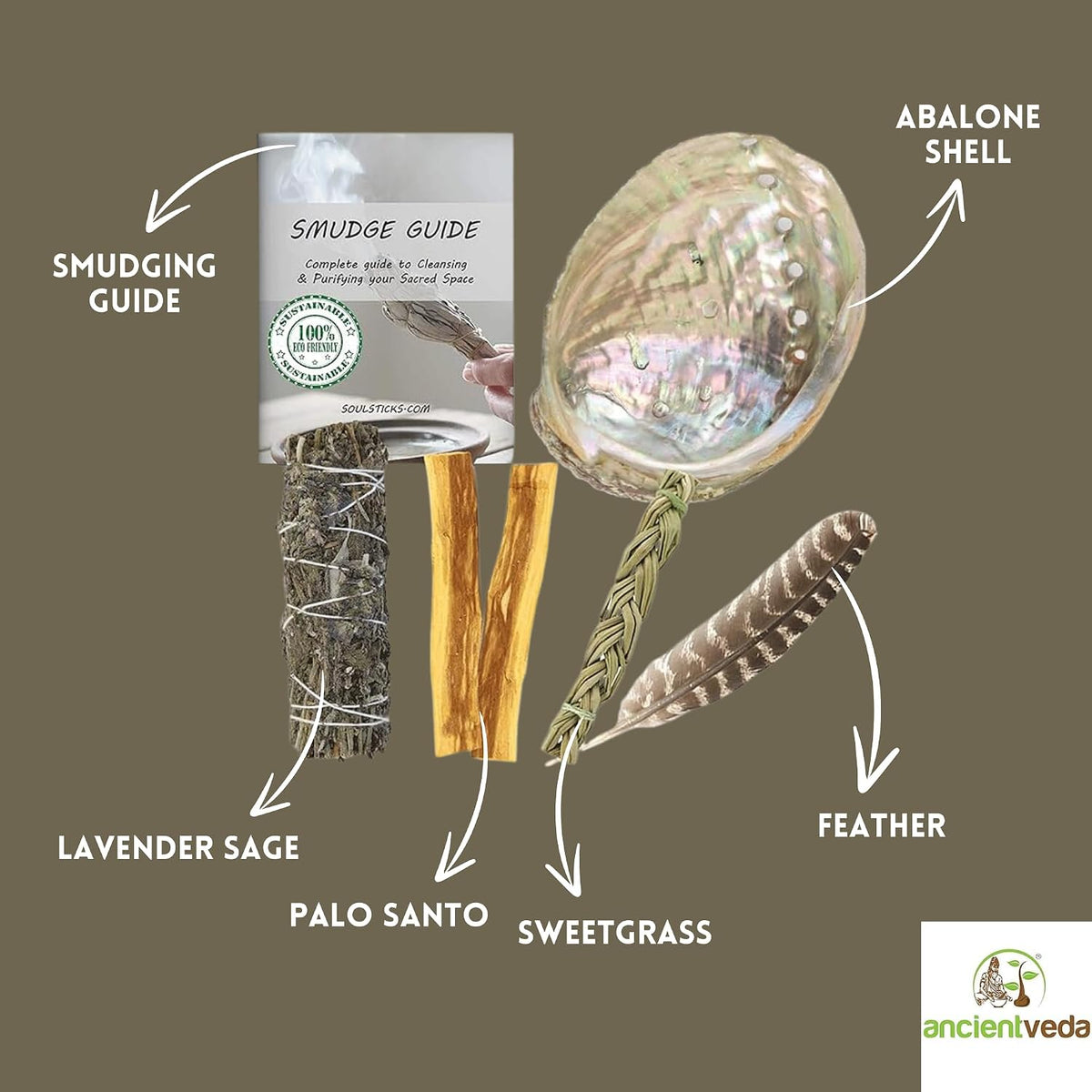 Organic Smudge Kit – Yerba Santa, Palo Santo, Sweetgrass Braid, Feather & Smudge Guide | Home Cleansing Kit for Meditation, Yoga, Energy Healing & Gift (Starter Kit, Yerba Santa Sage)