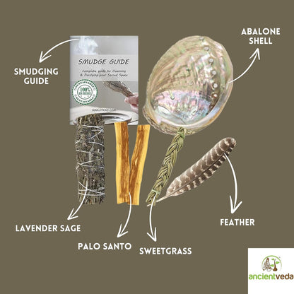 Organic Smudge Kit – Yerba Santa, Palo Santo, Sweetgrass Braid, Feather & Smudge Guide | Home Cleansing Kit for Meditation, Yoga, Energy Healing & Gift (Starter Kit, Yerba Santa Sage)