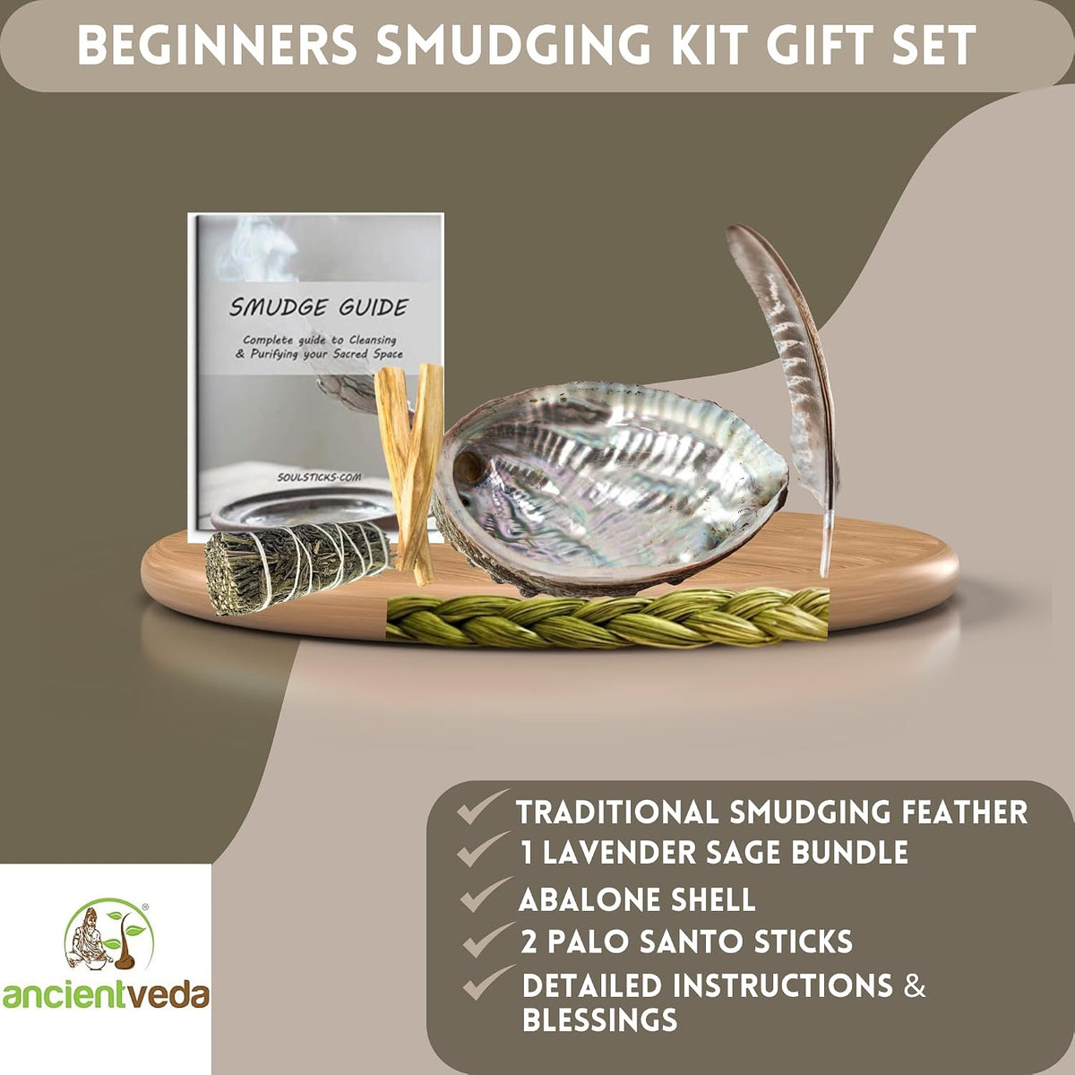 Organic Smudge Kit – Yerba Santa, Palo Santo, Sweetgrass Braid, Feather & Smudge Guide | Home Cleansing Kit for Meditation, Yoga, Energy Healing & Gift (Starter Kit, Yerba Santa Sage)