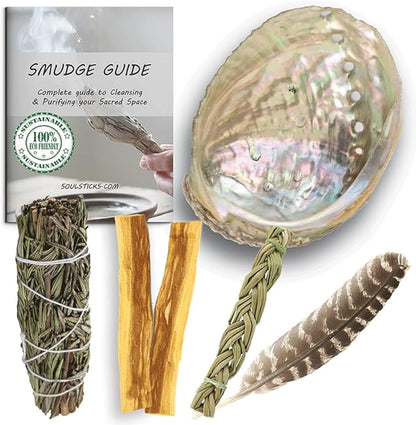 Organic Smudge Kit – Yerba Santa, Palo Santo, Sweetgrass Braid, Feather & Smudge Guide | Home Cleansing Kit for Meditation, Yoga, Energy Healing & Gift (Starter Kit, Yerba Santa Sage)