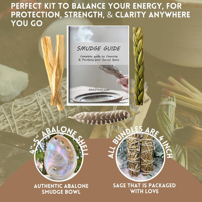 Organic Smudge Kit – Yerba Santa, Palo Santo, Sweetgrass Braid, Feather & Smudge Guide | Home Cleansing Kit for Meditation, Yoga, Energy Healing & Gift (Starter Kit, Yerba Santa Sage)