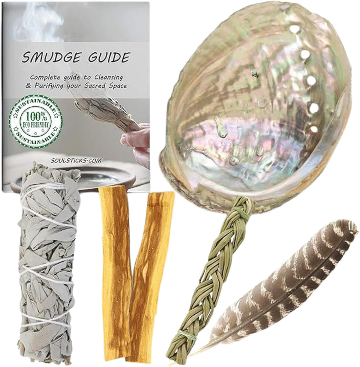 Organic Smudge Kit – Yerba Santa, Palo Santo, Sweetgrass Braid, Feather & Smudge Guide | Home Cleansing Kit for Meditation, Yoga, Energy Healing & Gift (Starter Kit, Yerba Santa Sage)