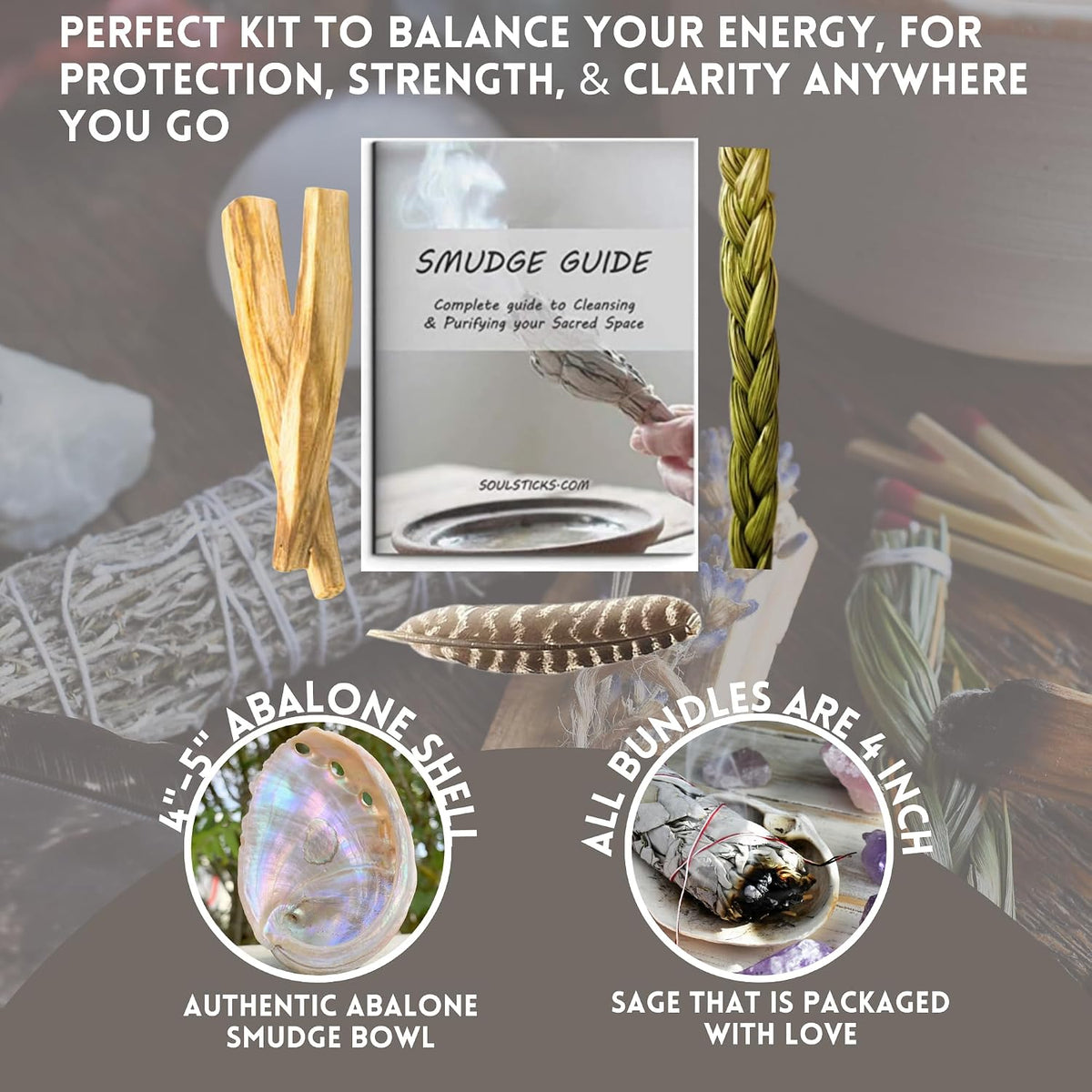 Organic Smudge Kit – Yerba Santa, Palo Santo, Sweetgrass Braid, Feather & Smudge Guide | Home Cleansing Kit for Meditation, Yoga, Energy Healing & Gift (Starter Kit, Yerba Santa Sage)